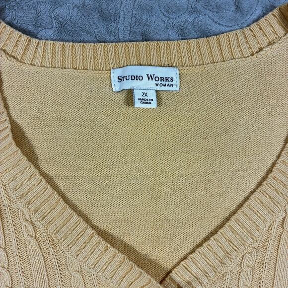 Vintage Butter Yellow Cable Knit Sweater Womens 2X Cotton Eclectic Grandpa Y2K - Picture 3 of 14